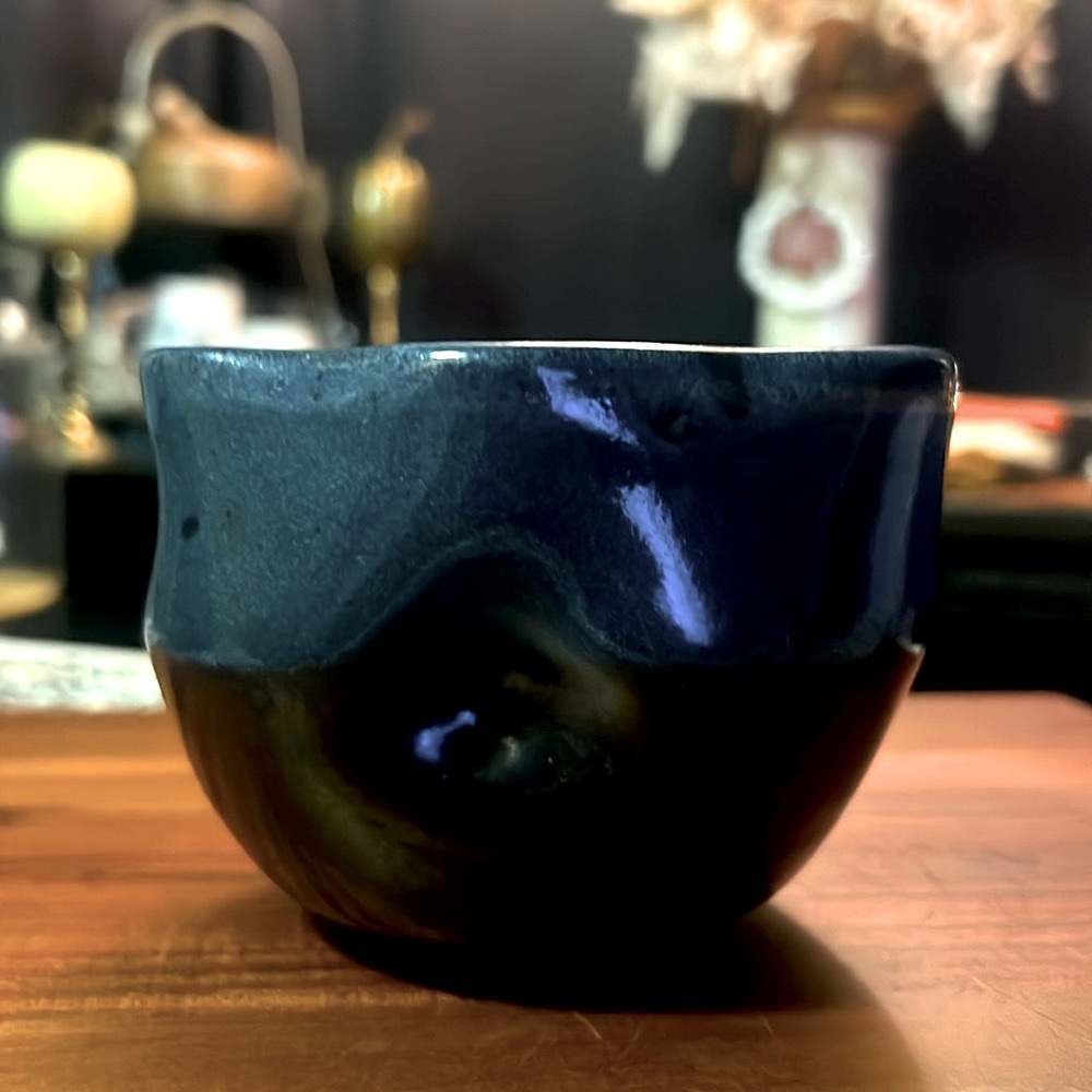 Studio pottery organic shaped mug blue/black